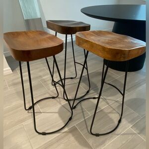 Modern Brown Wooden Bar Stools with Black Metal Legs